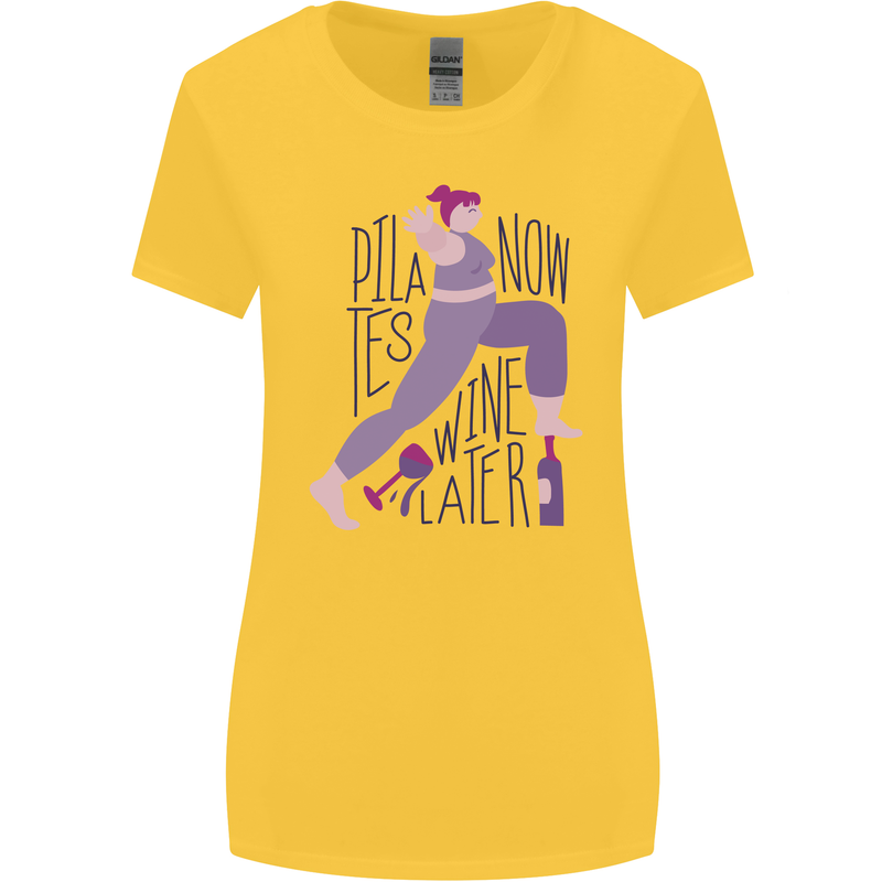 Yoga Pilates Now Wine Later Funny Alcohol Womens Wider Cut T-Shirt Yellow