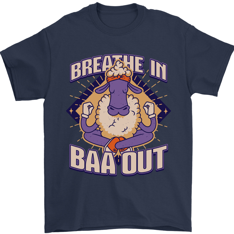 Yoga Sheep Breath in Baa Out Funny Mens T-Shirt 100% Cotton Navy Blue