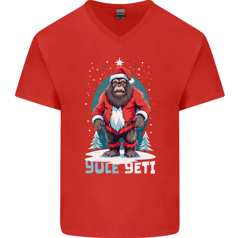 Yule Yeti Funny Christmas Bigfoot Sasquatch Xmas Mens V-Neck Cotton T-Shirt Red