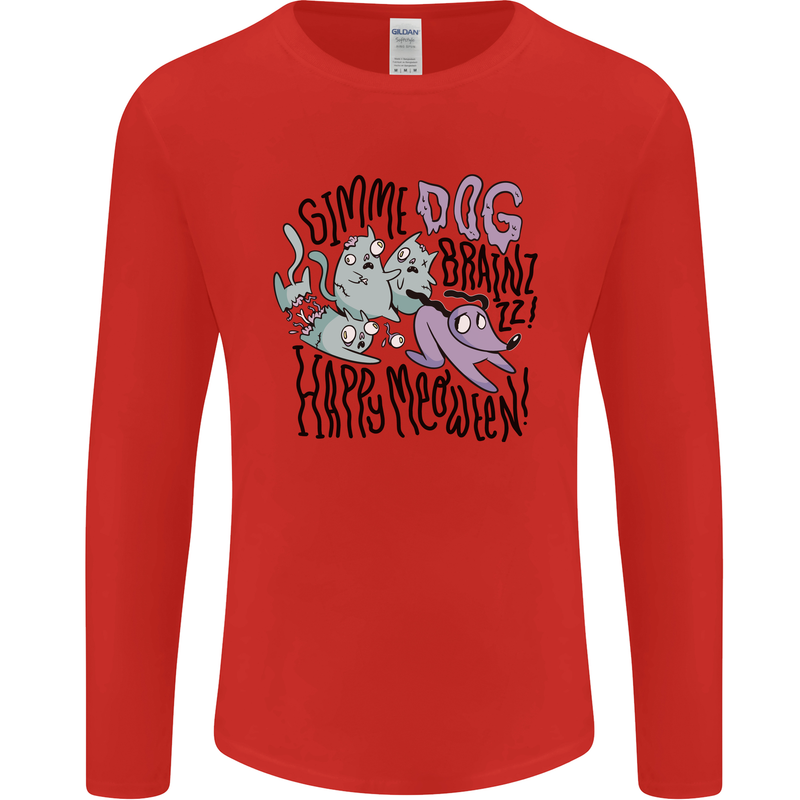 Zombie Cats Funny Halloween Dog Brains Mens Long Sleeve T-Shirt Red