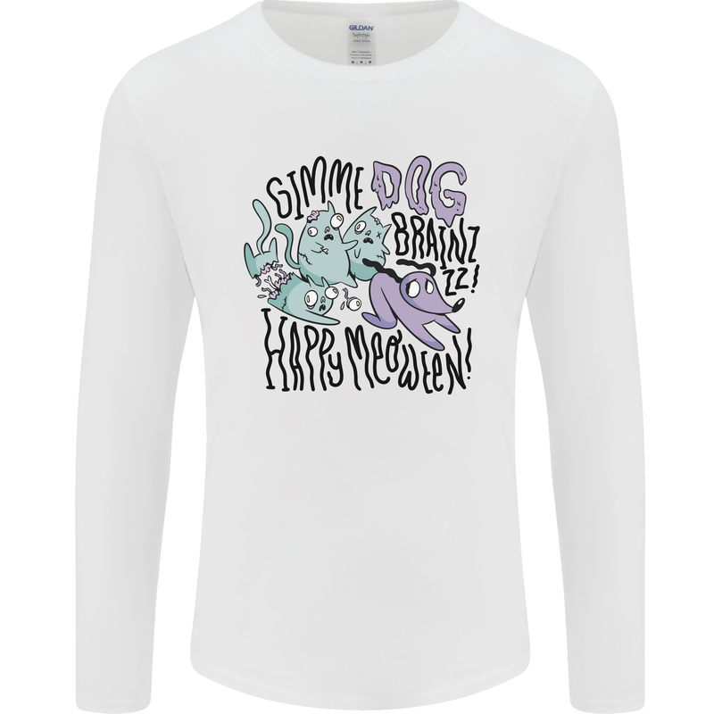 Zombie Cats Funny Halloween Dog Brains Mens Long Sleeve T-Shirt White