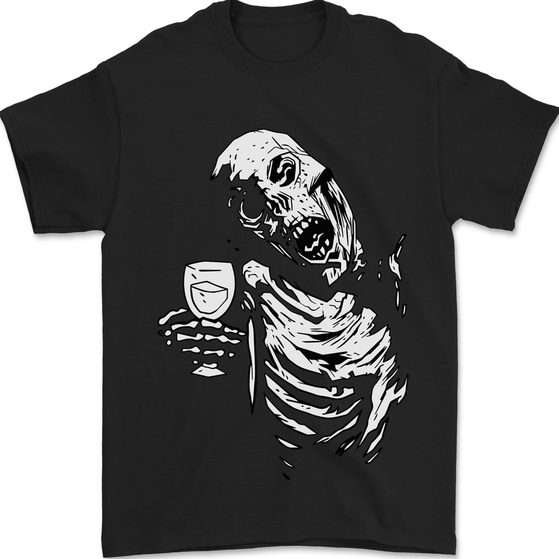 a black t - shirt with a skeleton holding a cup of coffee