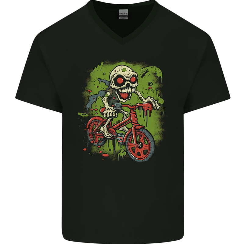 Zombie Cyclist Halloween Bicycle BMX Demon Skull Mens V-Neck Cotton T-Shirt Black
