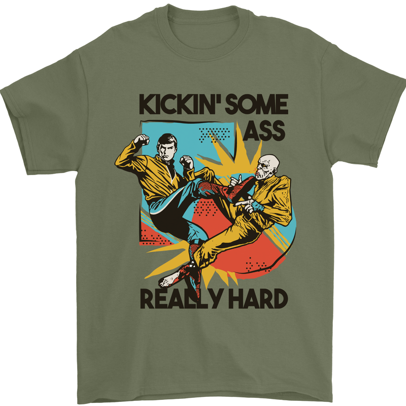 Zombie Kickin Some Ass Really Hard Mens T-Shirt 100% Cotton Military Green