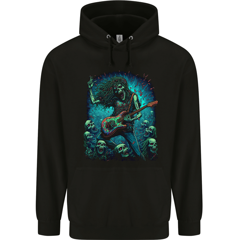 Zombie Rocker Rock n Roll Heavy Metal Guitar Skull Mens 80% Cotton Hoodie Black