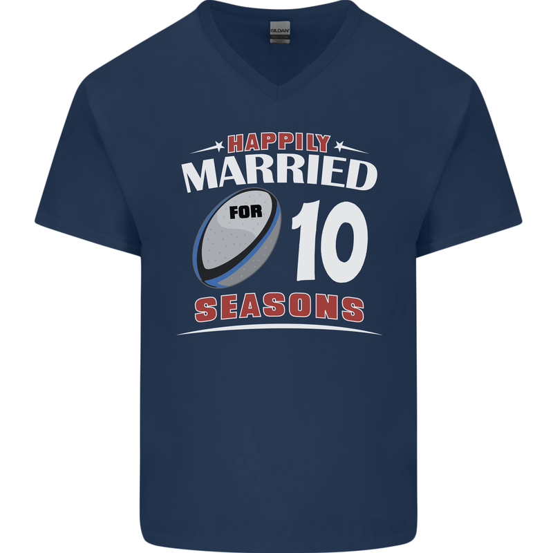 10 Year Wedding Anniversary 10th Rugby Mens V-Neck Cotton T-Shirt Navy Blue