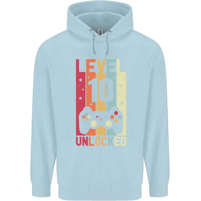 10th Birthday 10 Year Old Level Up Gamming Childrens Kids Hoodie Light Blue