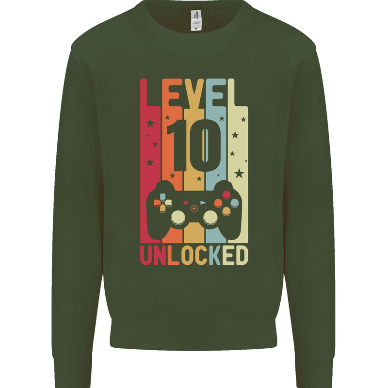 10th Birthday 10 Year Old Level Up Gamming Kids Sweatshirt Jumper Forest Green