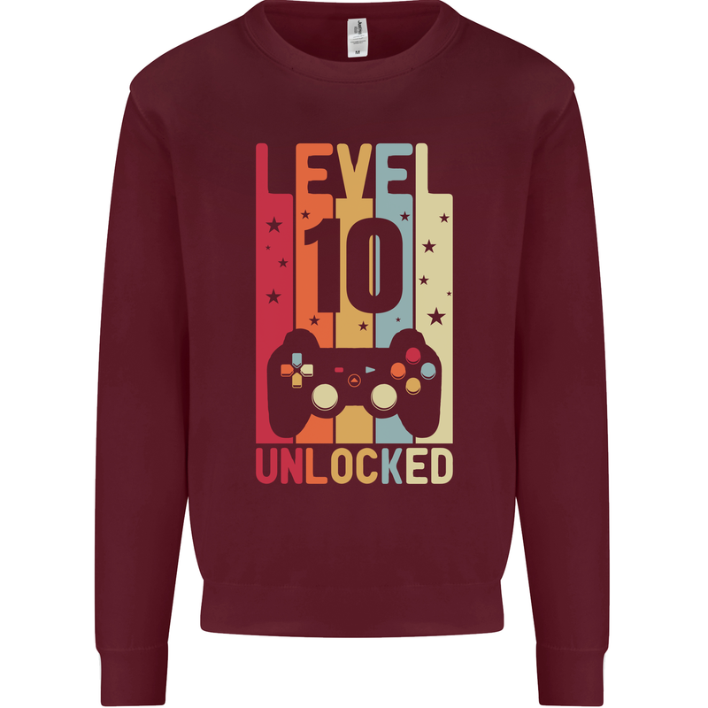 10th Birthday 10 Year Old Level Up Gamming Kids Sweatshirt Jumper Maroon