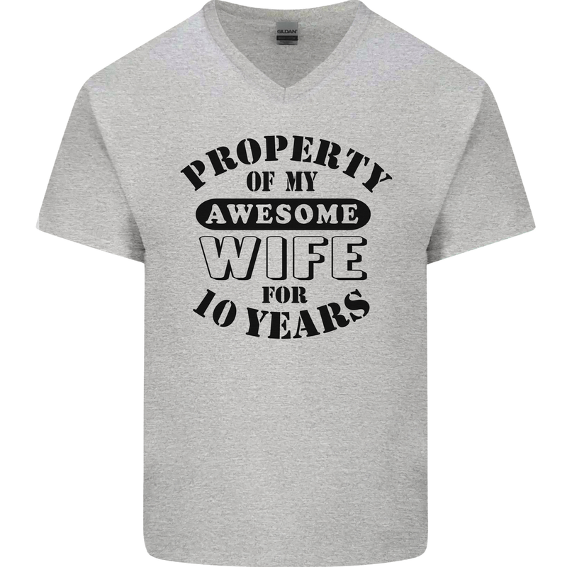 10th Wedding Anniversary 10 Year Funny Wife Mens V-Neck Cotton T-Shirt Sports Grey