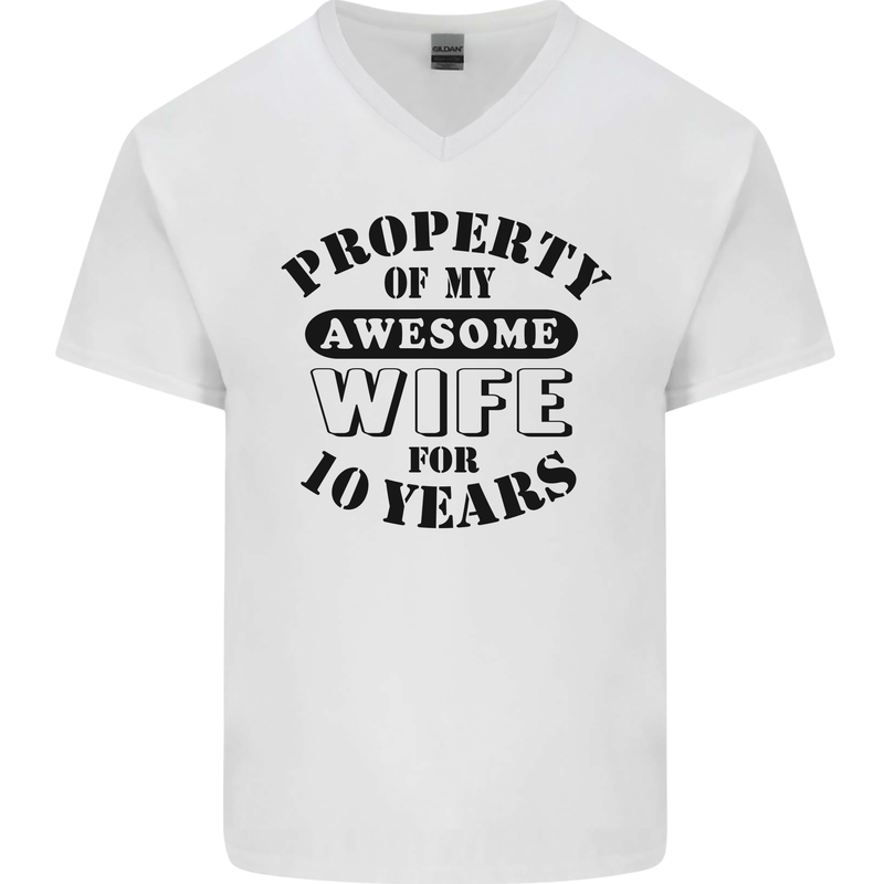 10th Wedding Anniversary 10 Year Funny Wife Mens V-Neck Cotton T-Shirt White