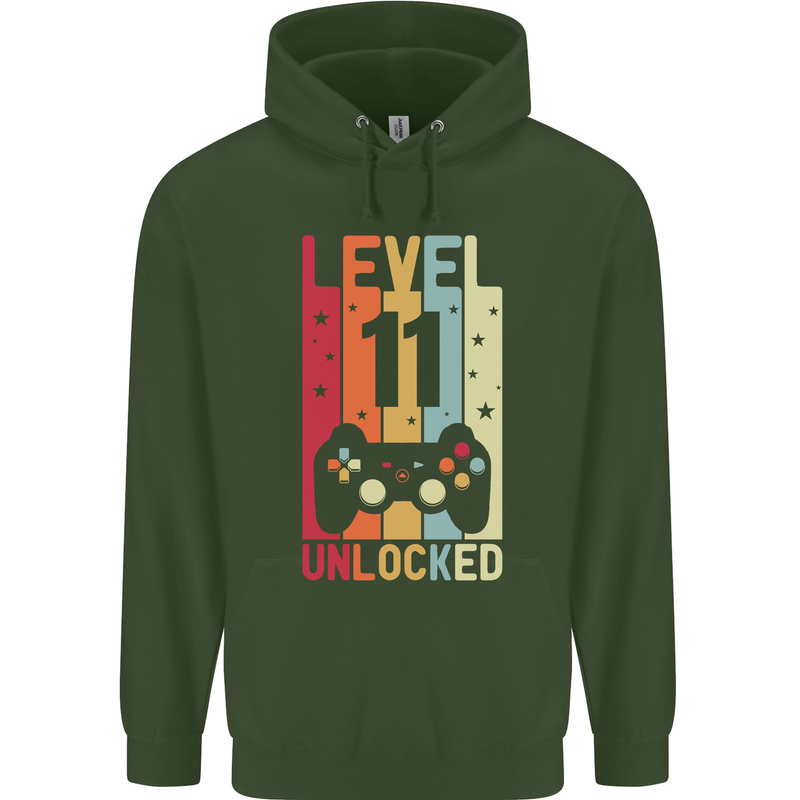 11th Birthday 11 Year Old Level Up Gamming Childrens Kids Hoodie Forest Green