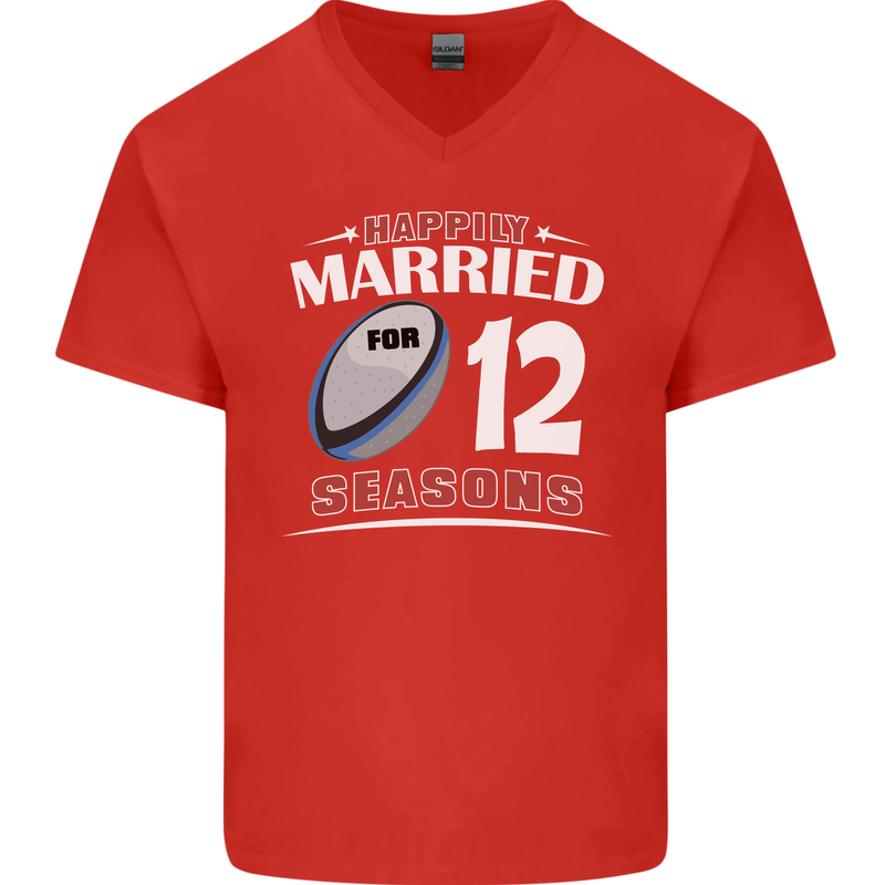 12 Year Wedding Anniversary 12th Rugby Mens V-Neck Cotton T-Shirt Red