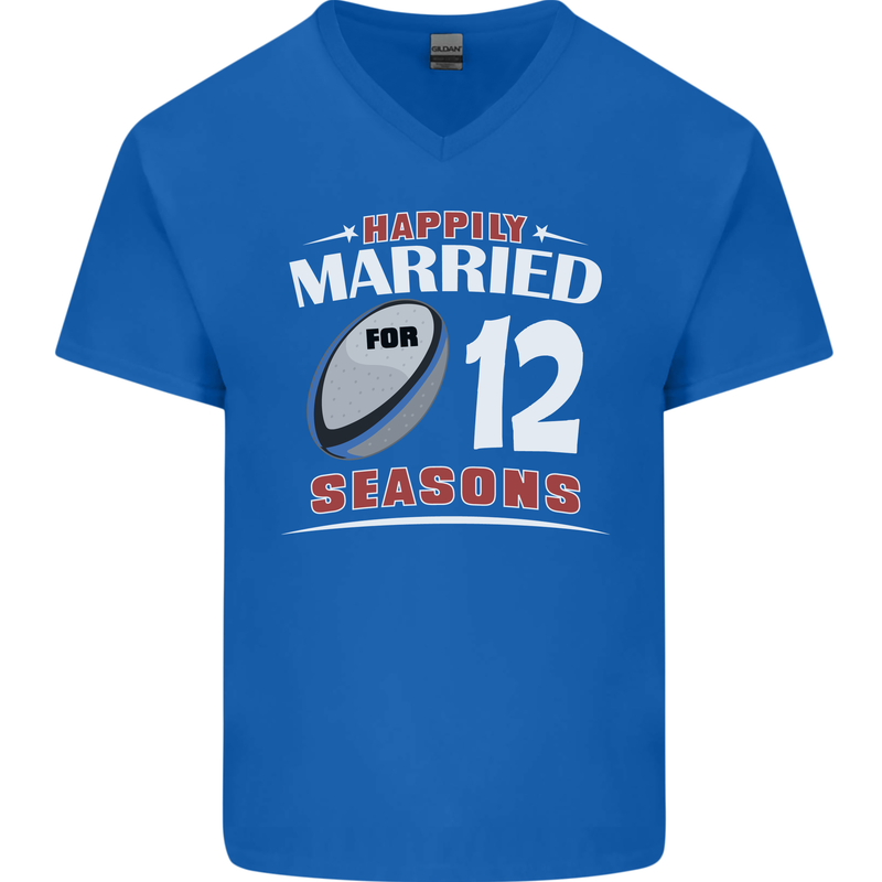 12 Year Wedding Anniversary 12th Rugby Mens V-Neck Cotton T-Shirt Royal Blue