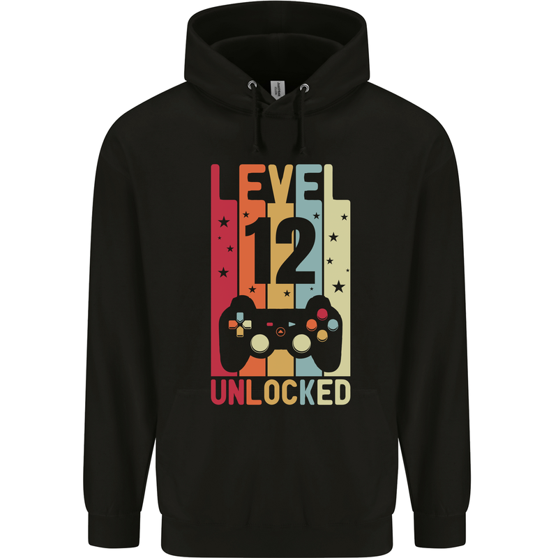 12th Birthday 12 Year Old Level Up Gamming Childrens Kids Hoodie Black