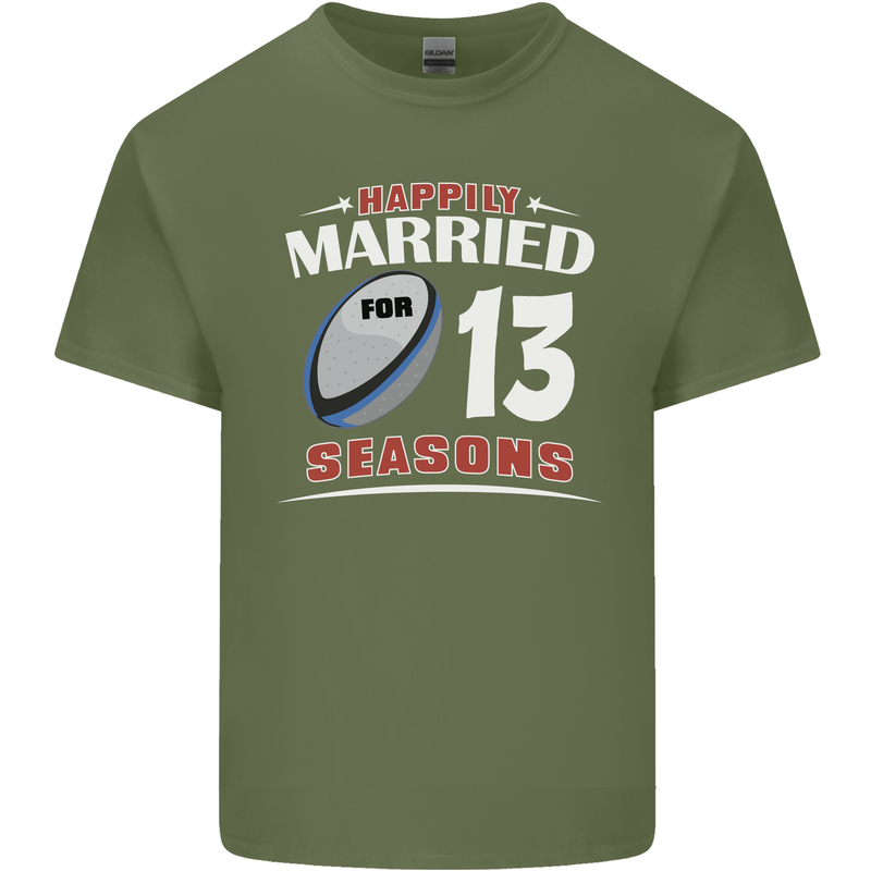 13 Year Wedding Anniversary 13th Rugby Mens Cotton T-Shirt Tee Top Military Green