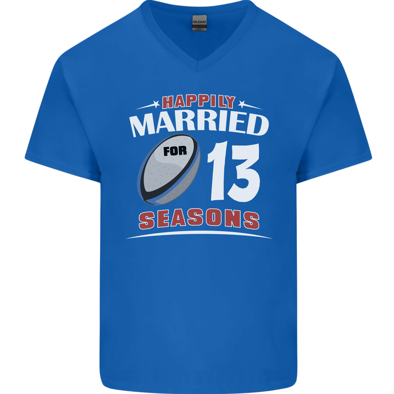 13 Year Wedding Anniversary 13th Rugby Mens V-Neck Cotton T-Shirt Royal Blue
