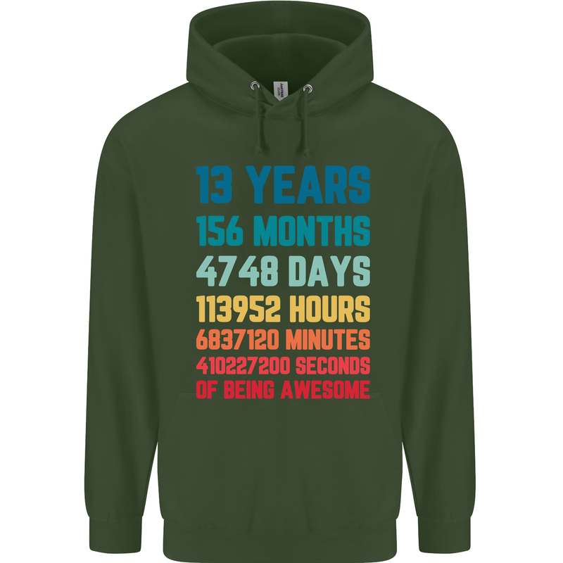 13th Birthday 13 Year Old Childrens Kids Hoodie Forest Green