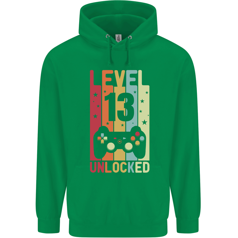 13th Birthday 13 Year Old Level Up Gamming Childrens Kids Hoodie Irish Green