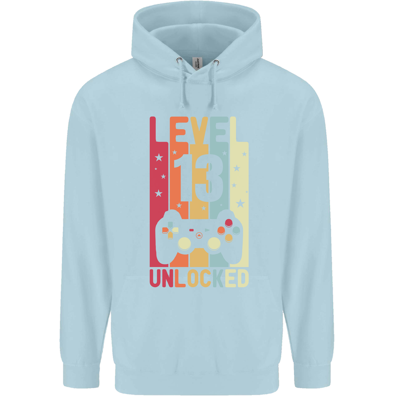 13th Birthday 13 Year Old Level Up Gamming Childrens Kids Hoodie Light Blue