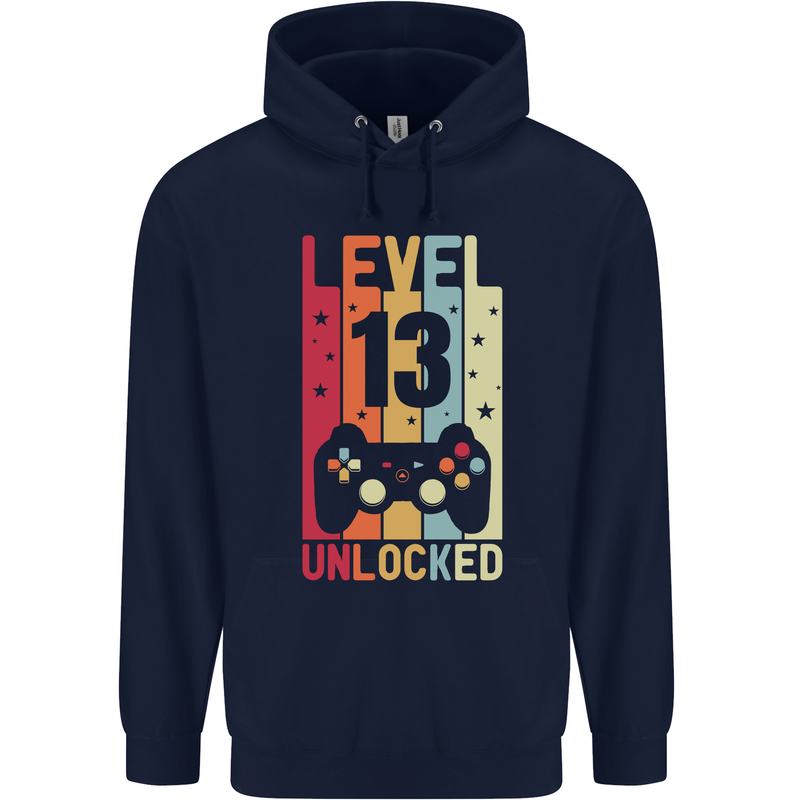 13th Birthday 13 Year Old Level Up Gamming Childrens Kids Hoodie Navy Blue