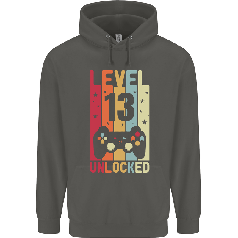 13th Birthday 13 Year Old Level Up Gamming Childrens Kids Hoodie Storm Grey