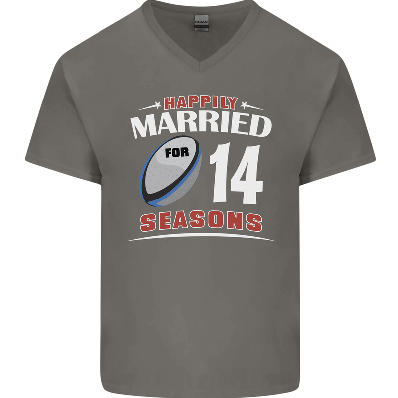 14 Year Wedding Anniversary 14th Rugby Mens V-Neck Cotton T-Shirt Charcoal