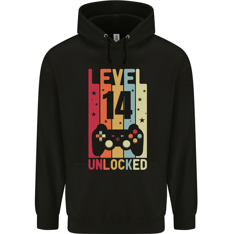 14th Birthday 14 Year Old Level Up Gamming Childrens Kids Hoodie Black
