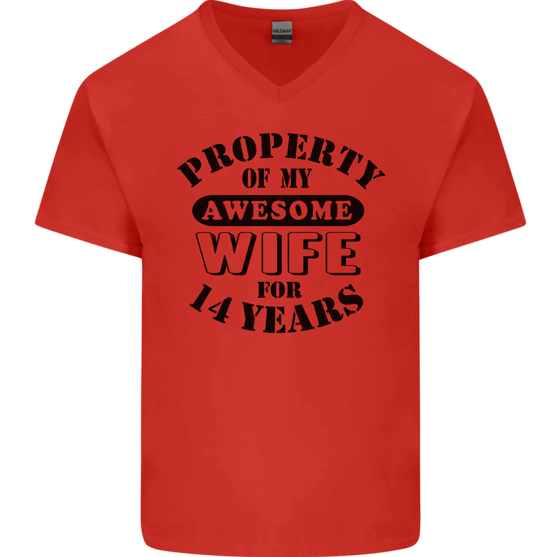 14th Wedding Anniversary 14 Year Funny Wife Mens V-Neck Cotton T-Shirt Red