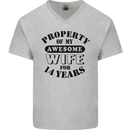 14th Wedding Anniversary 14 Year Funny Wife Mens V-Neck Cotton T-Shirt Sports Grey