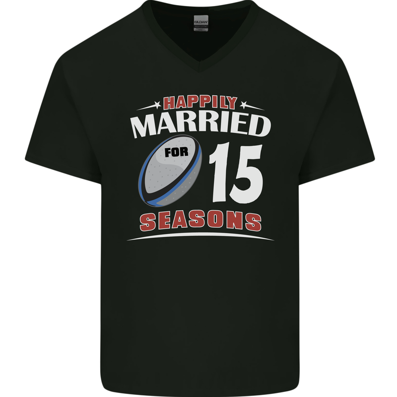 15 Year Wedding Anniversary 15th Rugby Mens V-Neck Cotton T-Shirt Black