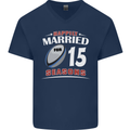 15 Year Wedding Anniversary 15th Rugby Mens V-Neck Cotton T-Shirt Navy Blue