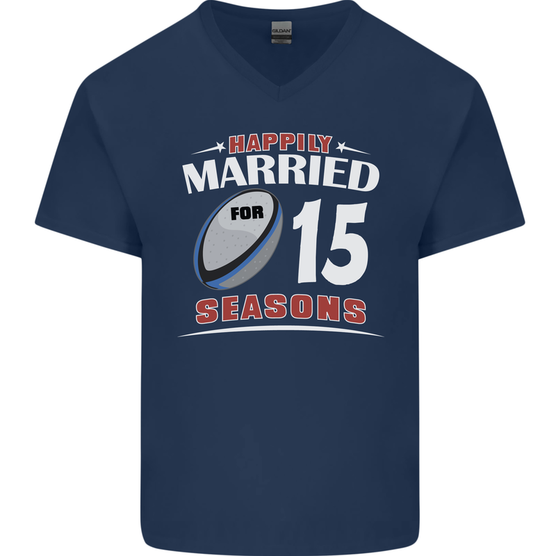 15 Year Wedding Anniversary 15th Rugby Mens V-Neck Cotton T-Shirt Navy Blue