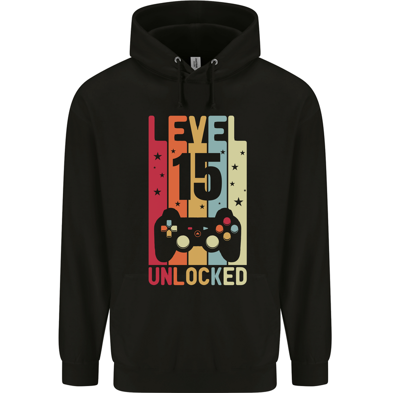 15th Birthday 15 Year Old Level Up Gamming Childrens Kids Hoodie Black