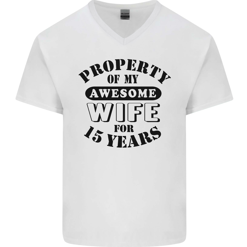 15th Wedding Anniversary 15 Year Funny Wife Mens V-Neck Cotton T-Shirt White