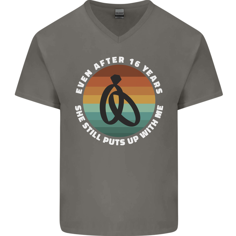 16 Year Wedding Anniversary 16th Marriage Mens V-Neck Cotton T-Shirt Charcoal