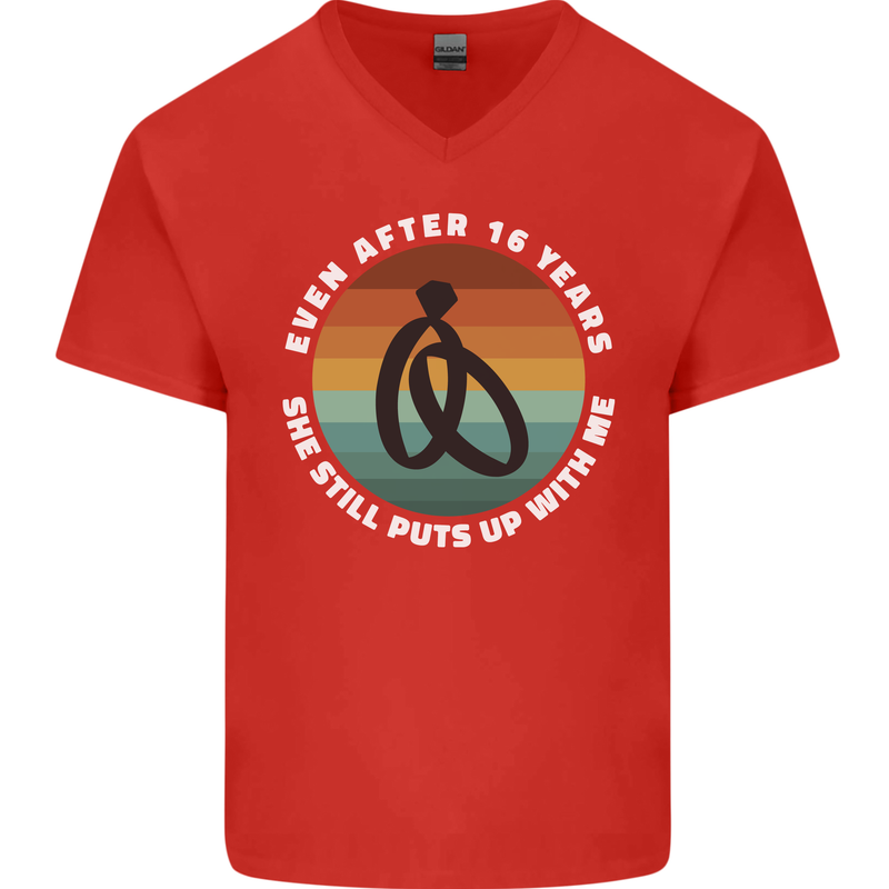 16 Year Wedding Anniversary 16th Marriage Mens V-Neck Cotton T-Shirt Red