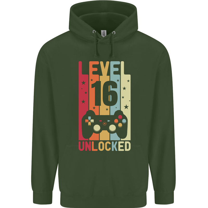16th Birthday 16 Year Old Level Up Gamming Mens 80% Cotton Hoodie Forest Green