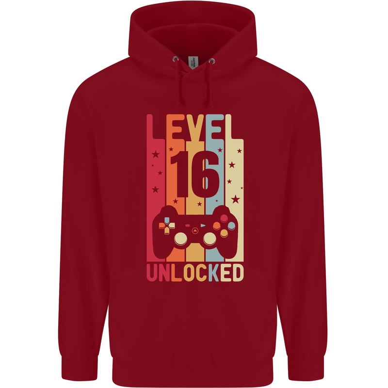 16th Birthday 16 Year Old Level Up Gamming Mens 80% Cotton Hoodie Red