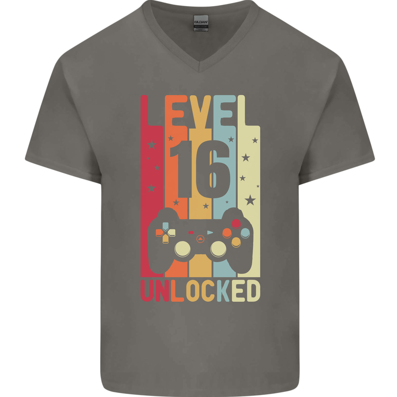 16th Birthday 16 Year Old Level Up Gamming Mens V-Neck Cotton T-Shirt Charcoal
