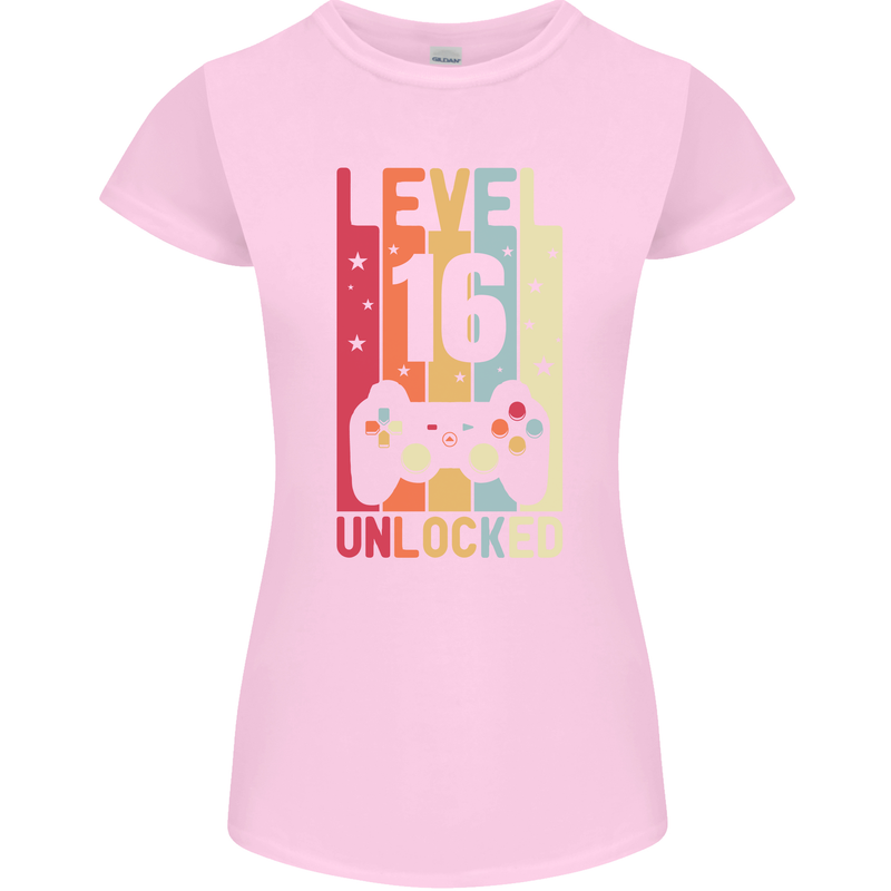 16th Birthday 16 Year Old Level Up Gamming Womens Petite Cut T-Shirt Light Pink