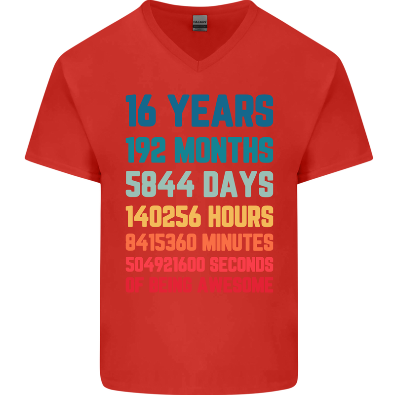 16th Birthday 16 Year Old Mens V-Neck Cotton T-Shirt Red