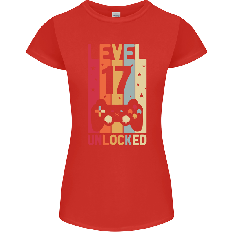 17th Birthday 17 Year Old Level Up Gamming Womens Petite Cut T-Shirt Red