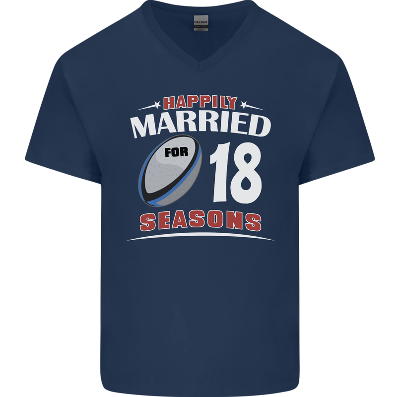 18 Year Wedding Anniversary 18th Rugby Mens V-Neck Cotton T-Shirt Navy Blue