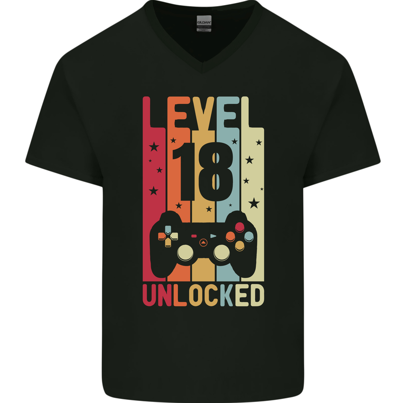 18th Birthday 18 Year Old Level Up Gamming Mens V-Neck Cotton T-Shirt Black