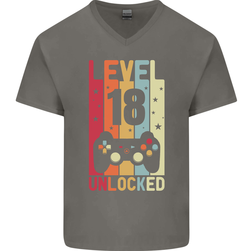 18th Birthday 18 Year Old Level Up Gamming Mens V-Neck Cotton T-Shirt Charcoal