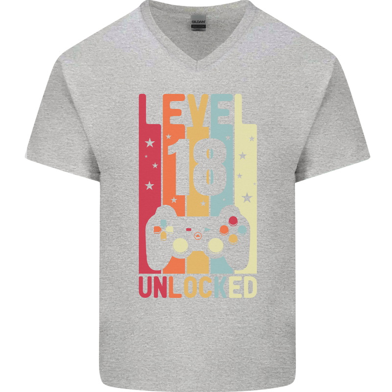 18th Birthday 18 Year Old Level Up Gamming Mens V-Neck Cotton T-Shirt Sports Grey