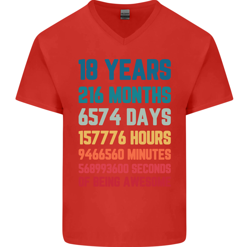 18th Birthday 18 Year Old Mens V-Neck Cotton T-Shirt Red