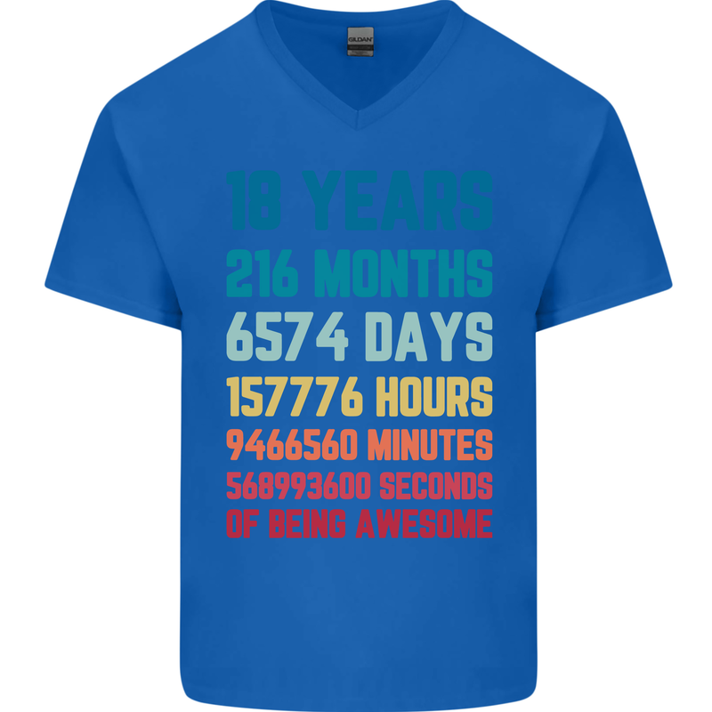 18th Birthday 18 Year Old Mens V-Neck Cotton T-Shirt Royal Blue