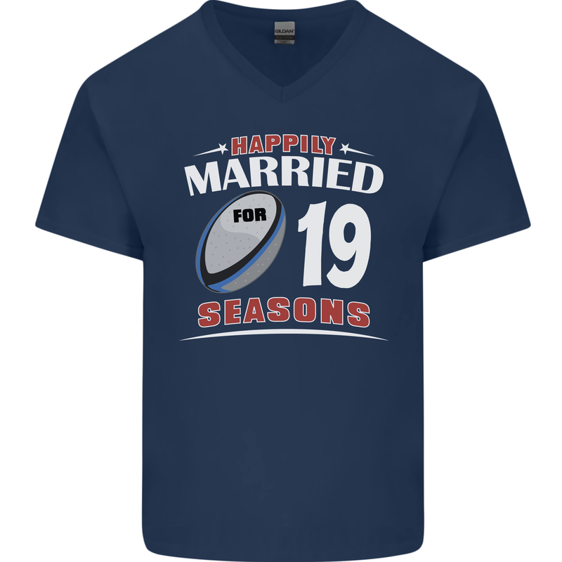 19 Year Wedding Anniversary 19th Rugby Mens V-Neck Cotton T-Shirt Navy Blue